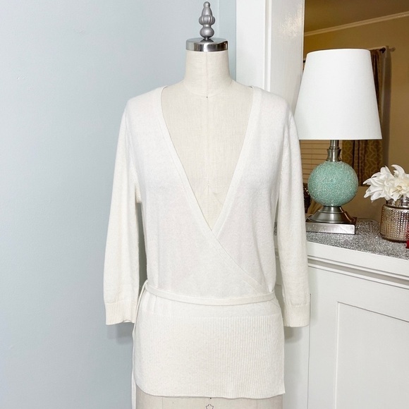 PURE Collection Cashmere Cream Wrap Front Sweater Tie Waist 4 Small - Picture 2 of 9